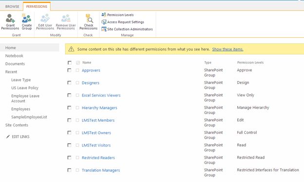 site permissions in site settings page